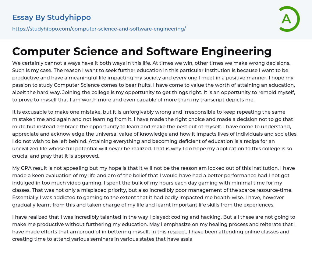 Computer Science and Software Engineering Essay Example