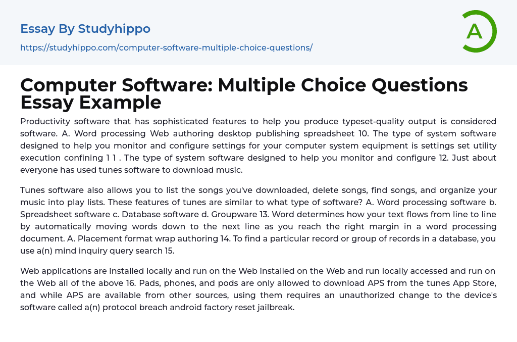 Computer Software: Multiple Choice Questions Essay Example
