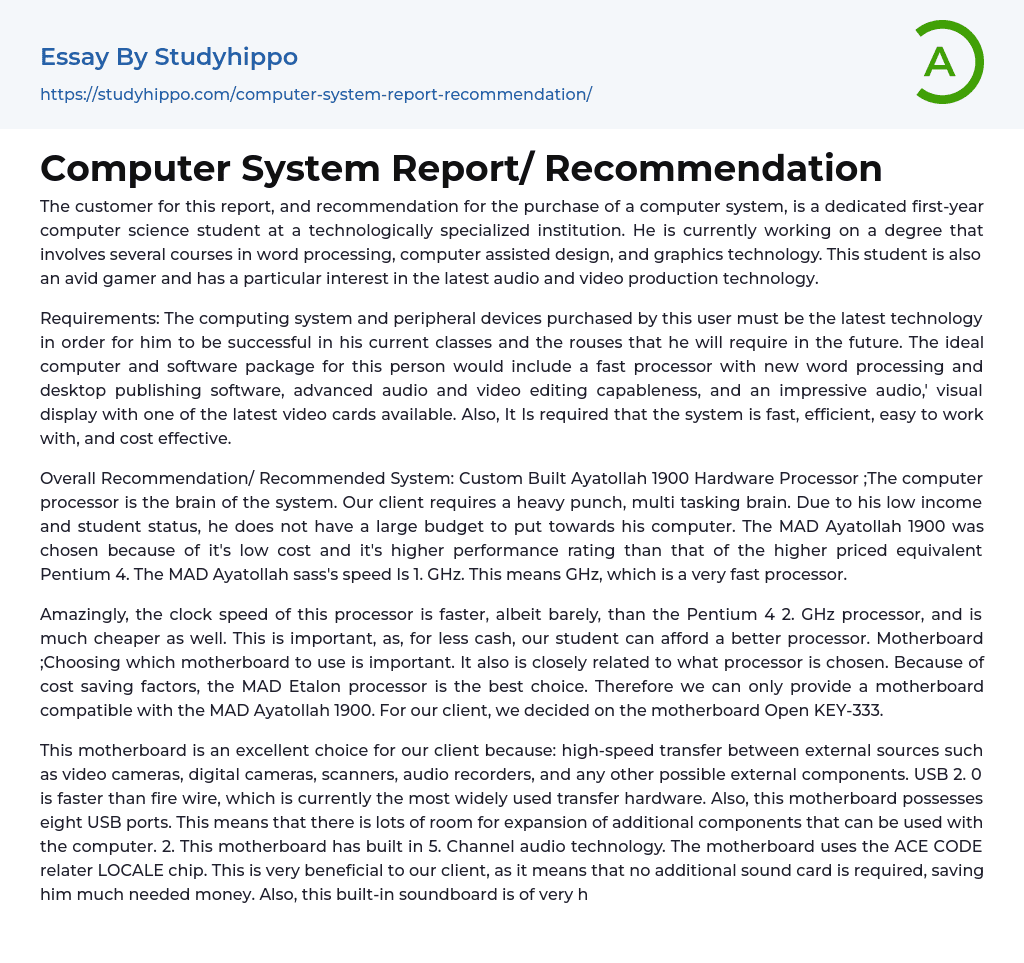 Computer System Report/ Recommendation Essay Example