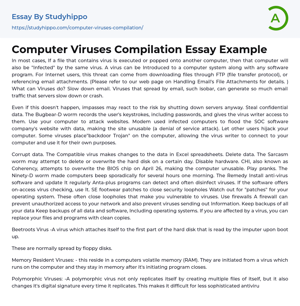 Computer Viruses Compilation Essay Example