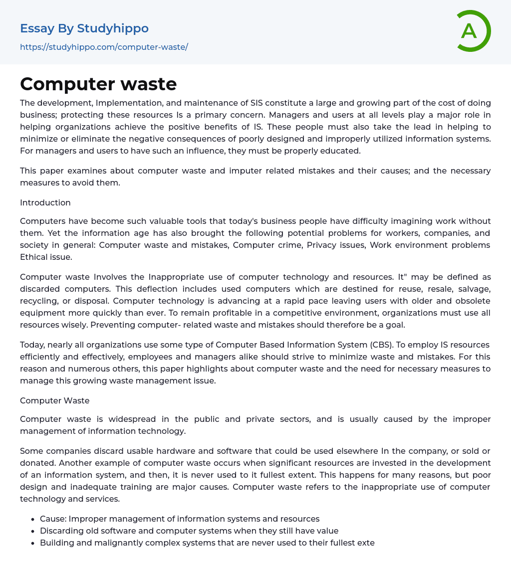 Computer waste Essay Example