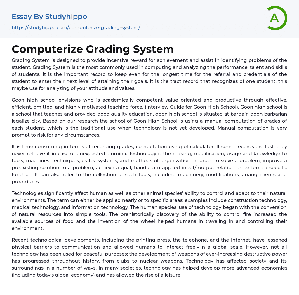 Computerize Grading System Essay Example