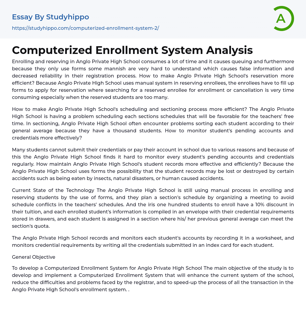 Computerized Enrollment System Analysis Essay Example