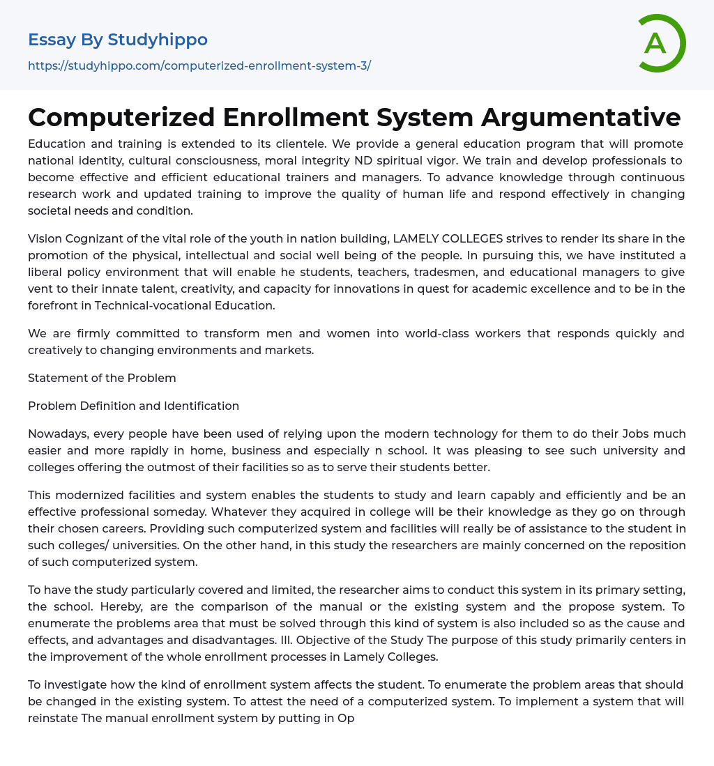 Computerized Enrollment System Argumentative Essay Example