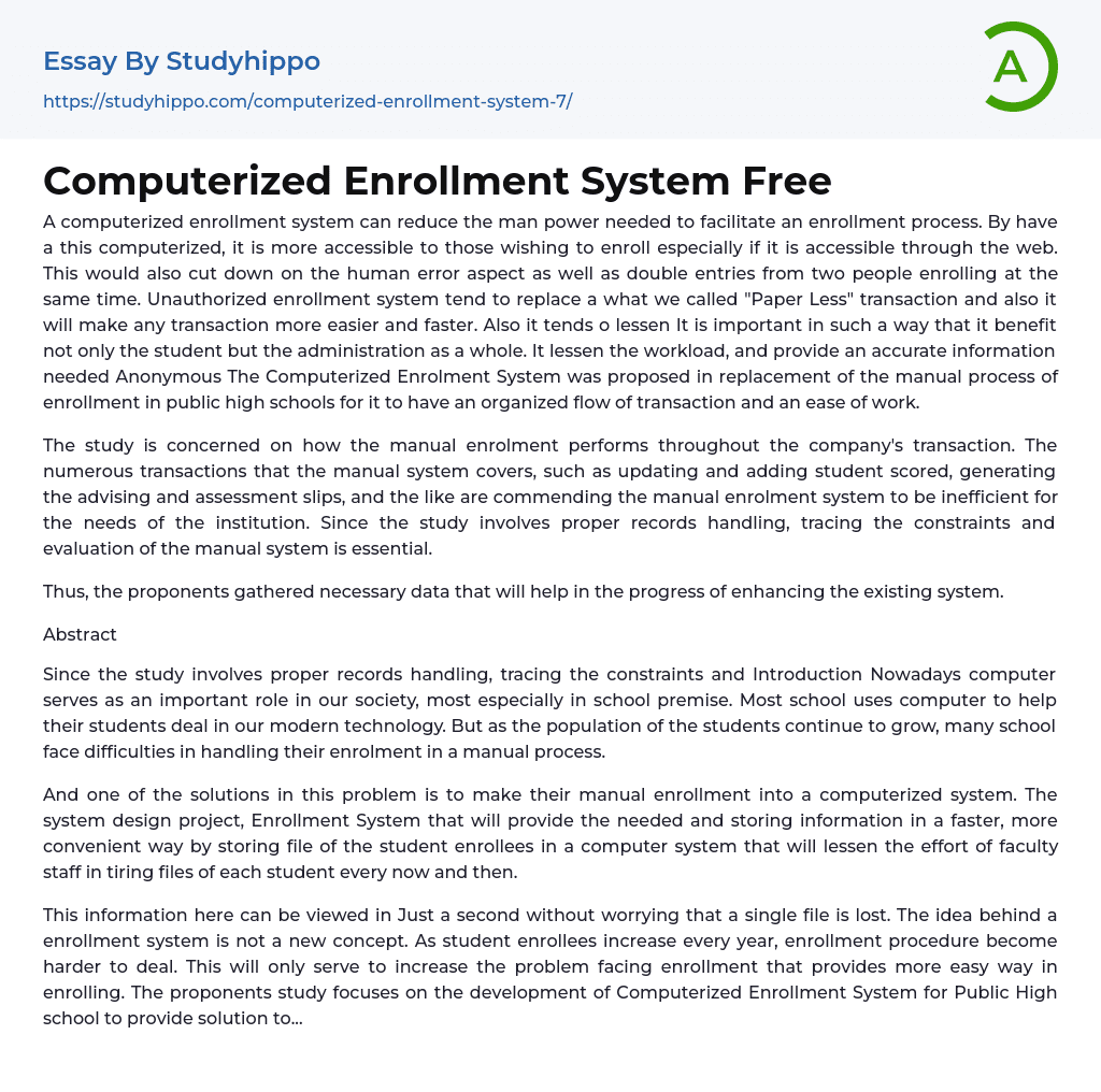 Computerized Enrollment System Free Essay Example