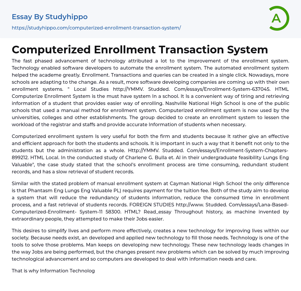 Computerized Enrollment Transaction System Essay Example