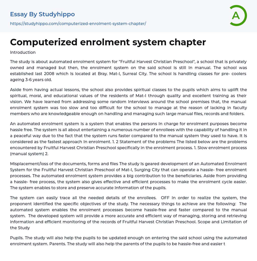 Computerized enrolment system chapter Essay Example
