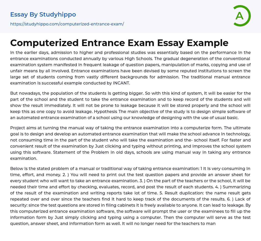 Computerized Entrance Exam Essay Example