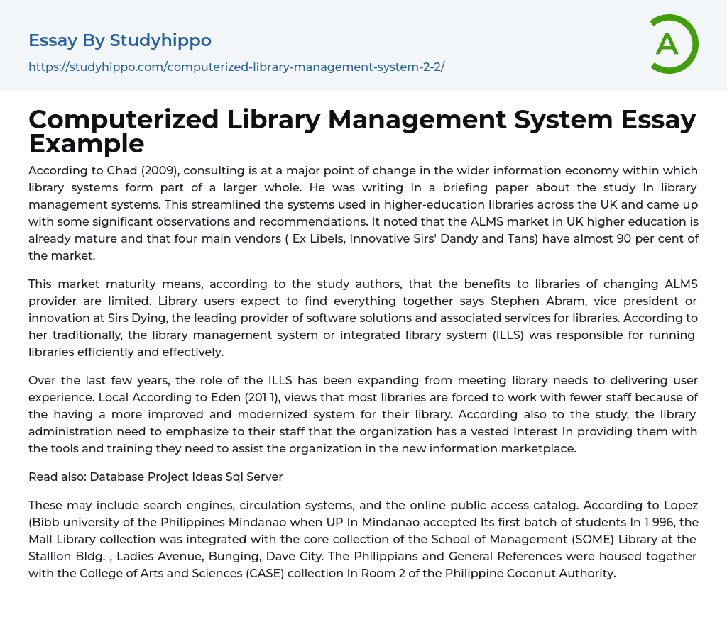 Computerized Library Management System Essay Example
