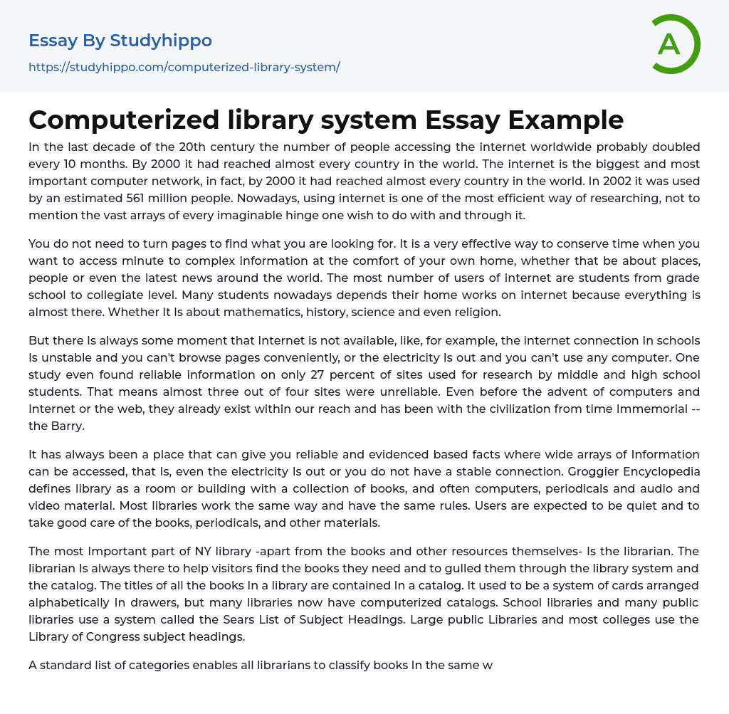 Computerized library system Essay Example
