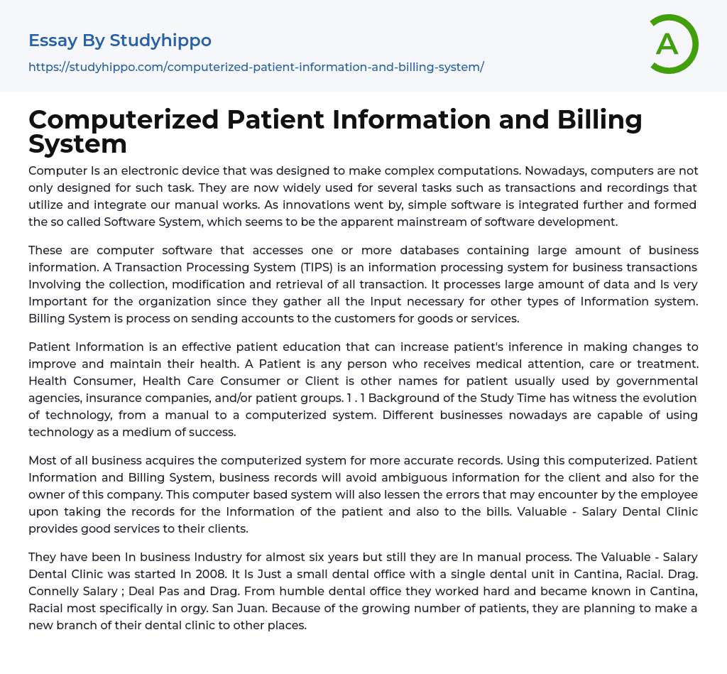 Computerized Patient Information and Billing System Essay Example