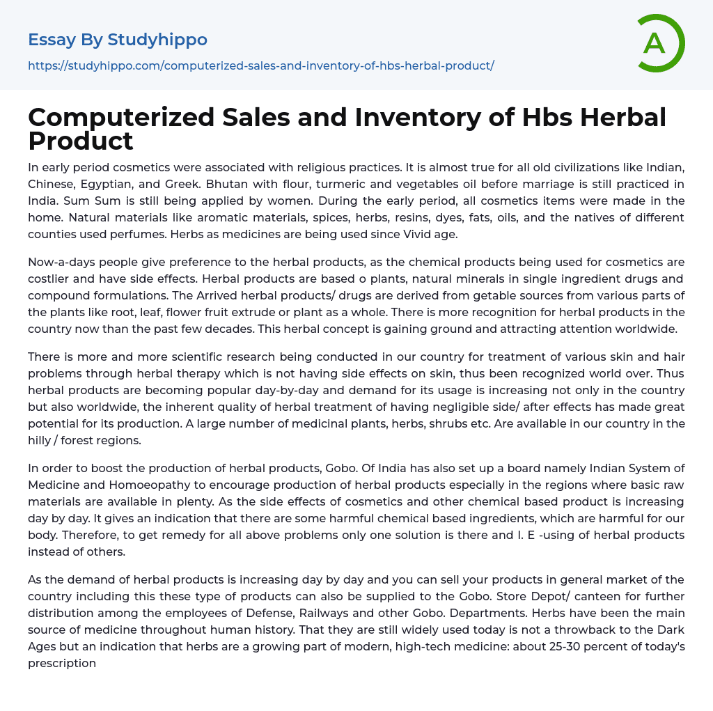 Computerized Sales and Inventory of Hbs Herbal Product Essay Example