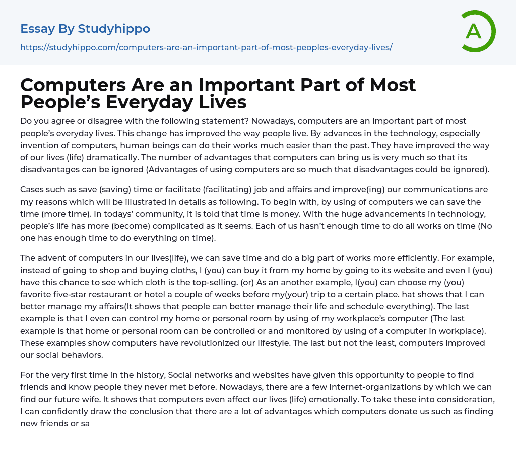 Computers Are an Important Part of Most People’s Everyday Lives Essay Example