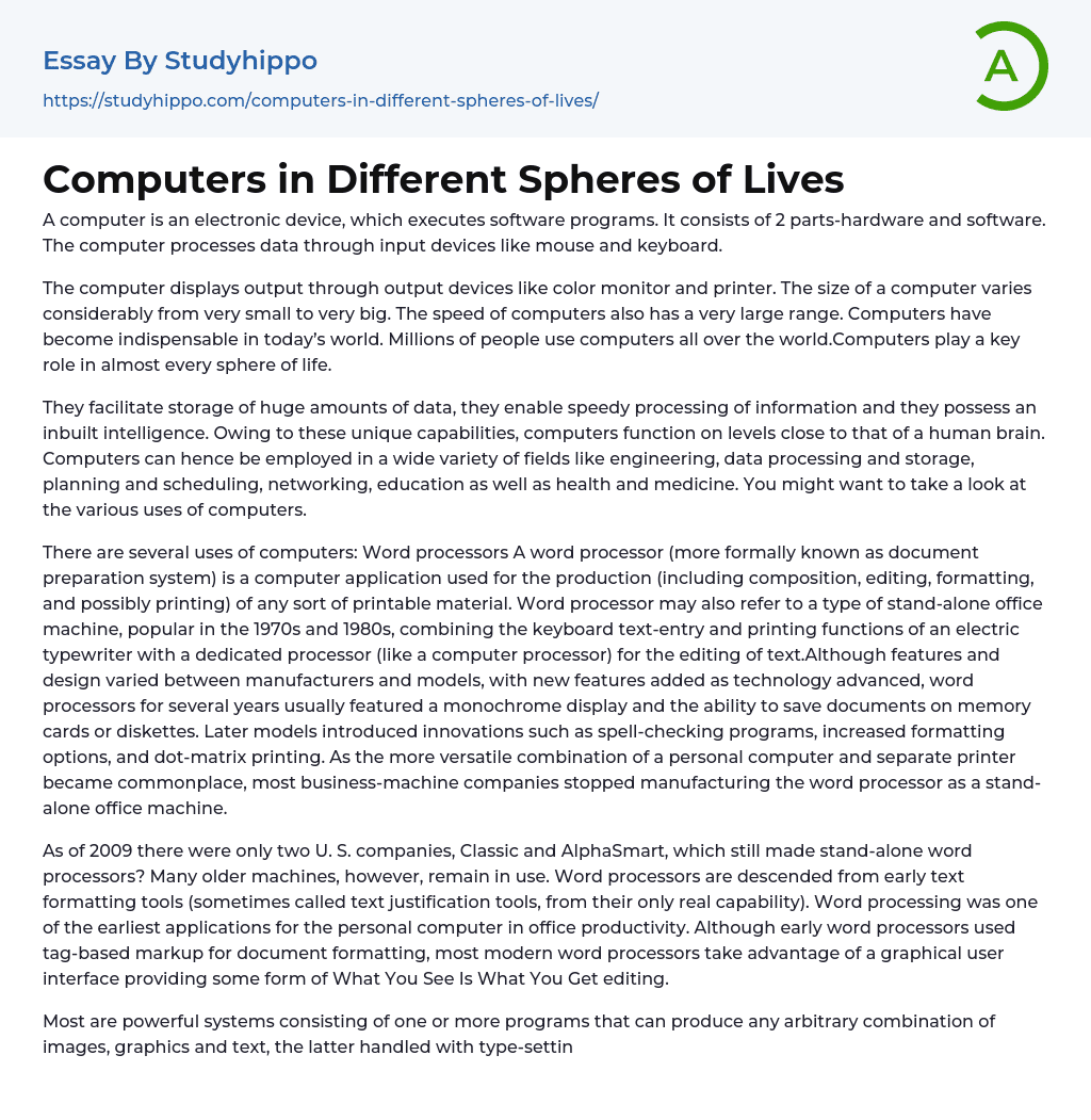 Computers in Different Spheres of Lives Essay Example