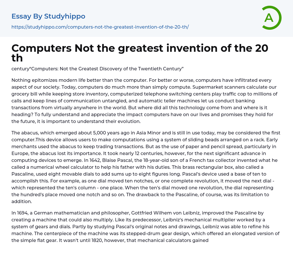 Computers Not the greatest invention of the 20 th Essay Example