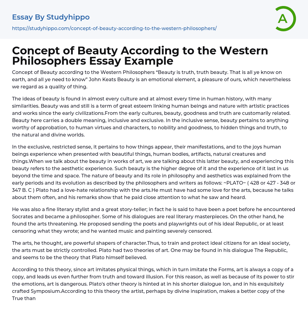 Concept of Beauty According to the Western Philosophers Essay Example