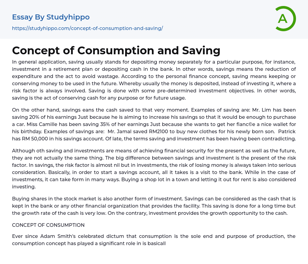 Concept of Consumption and Saving Essay Example
