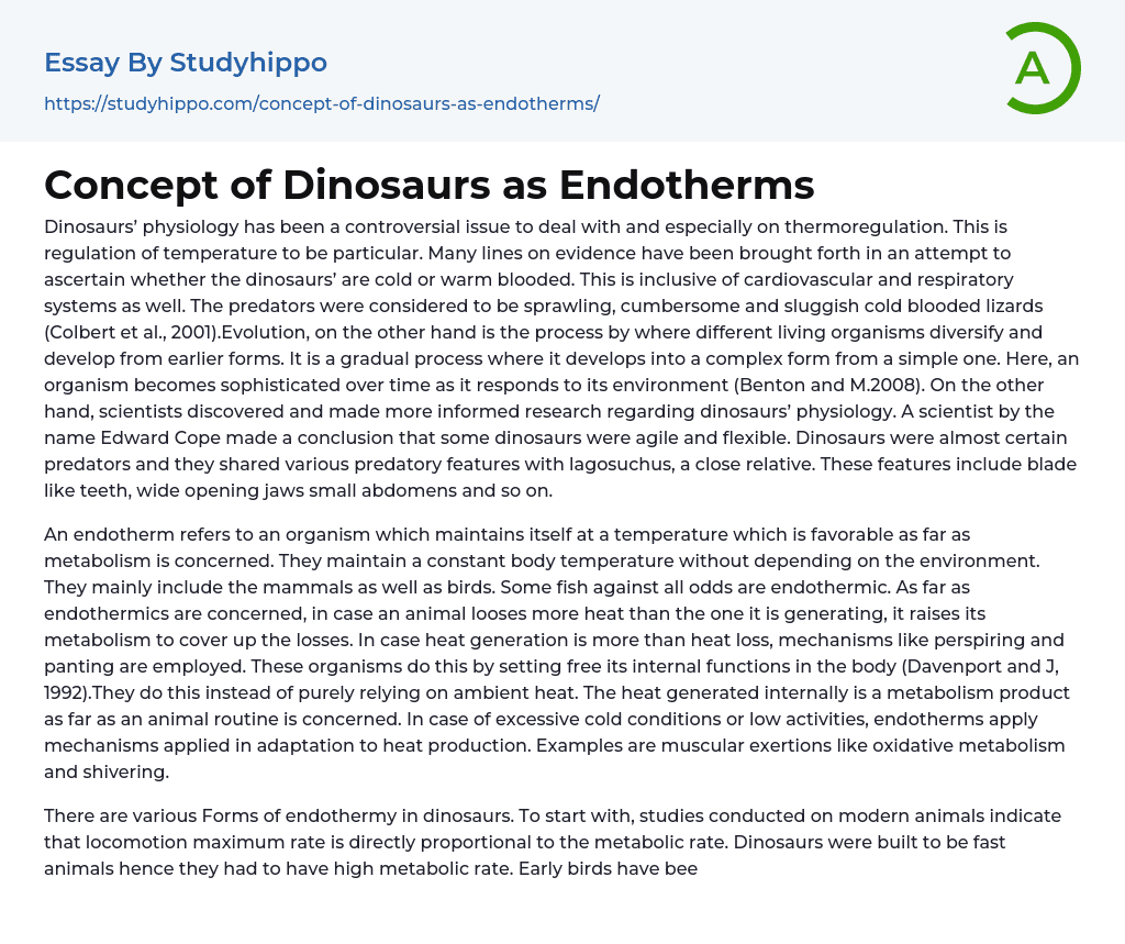Concept of Dinosaurs as Endotherms Essay Example