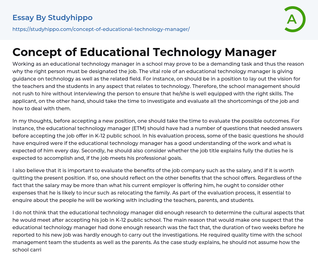 Concept of Educational Technology Manager Essay Example