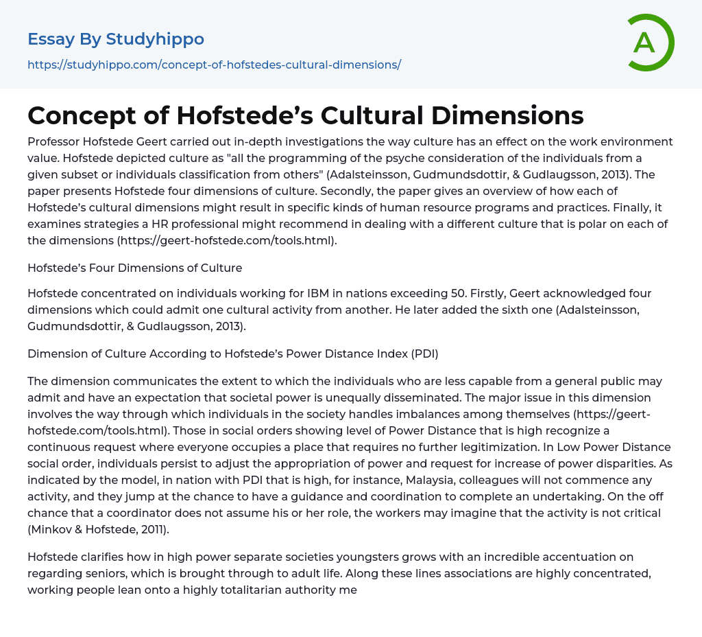 Concept of Hofstede’s Cultural Dimensions Essay Example