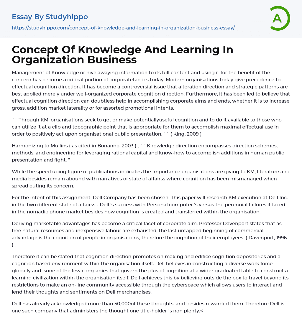 Concept Of Knowledge And Learning In Organization Business Essay Example