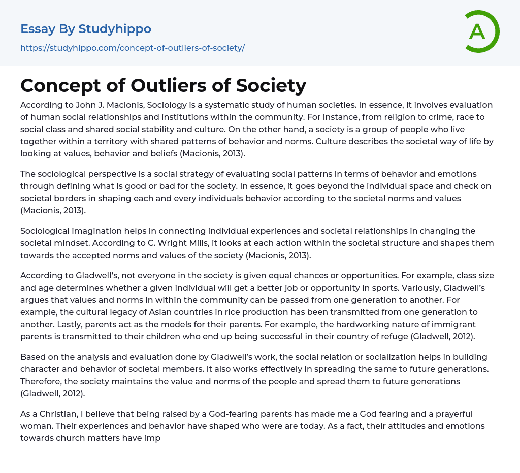 Concept of Outliers of Society Essay Example