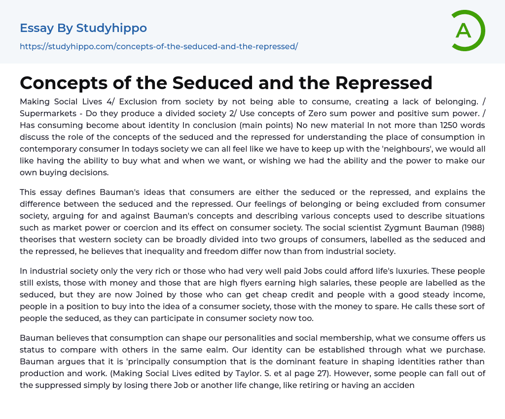 Concepts of the Seduced and the Repressed Essay Example
