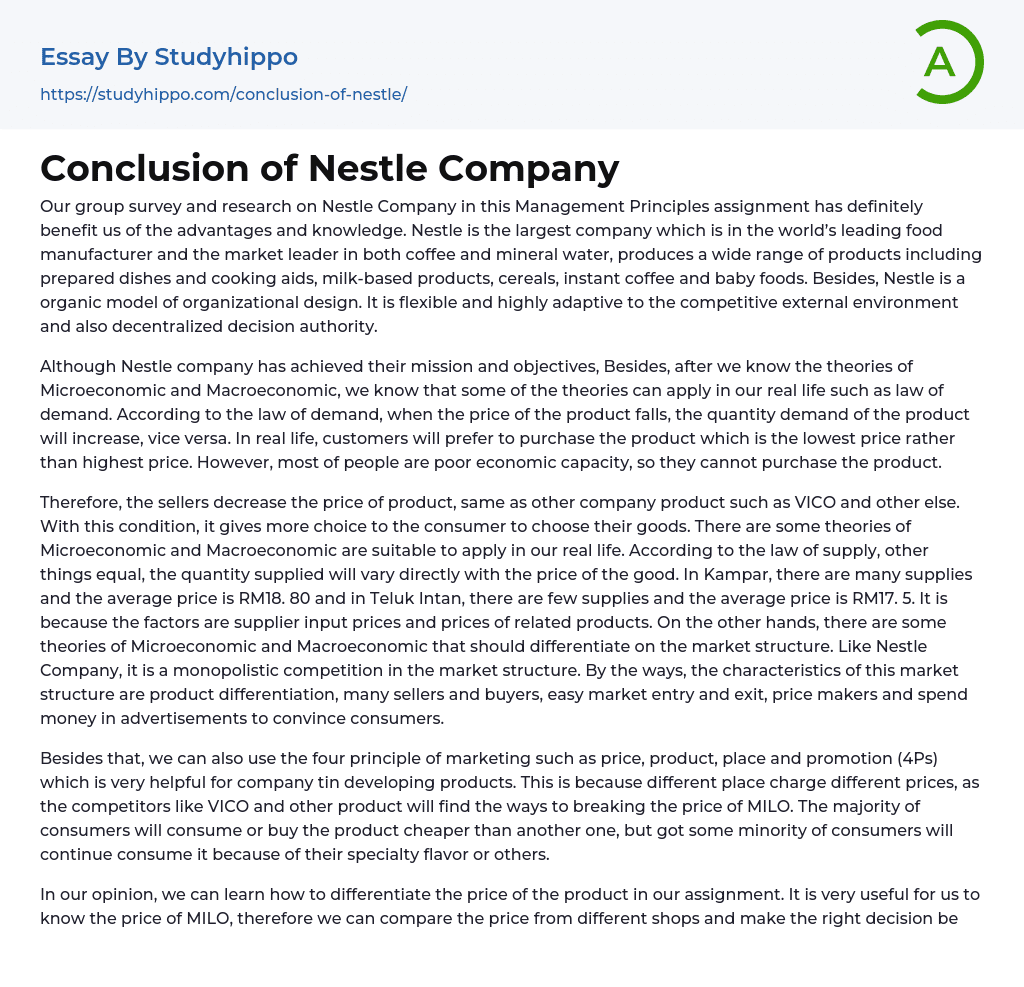 Conclusion of Nestle Company Essay Example