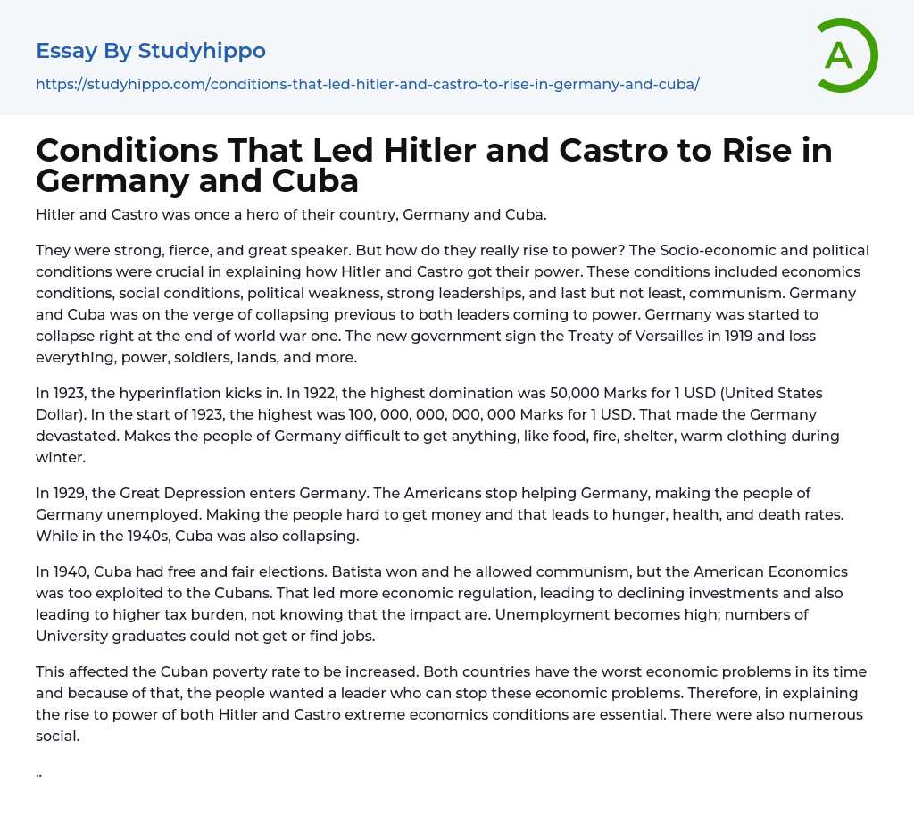 Conditions That Led Hitler and Castro to Rise in Germany and Cuba Essay Example