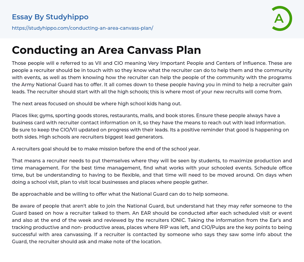 Conducting an Area Canvass Plan Essay Example