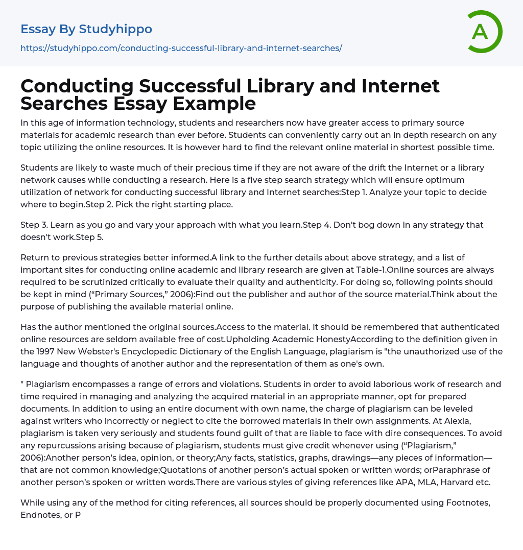 Conducting Successful Library and Internet Searches Essay Example