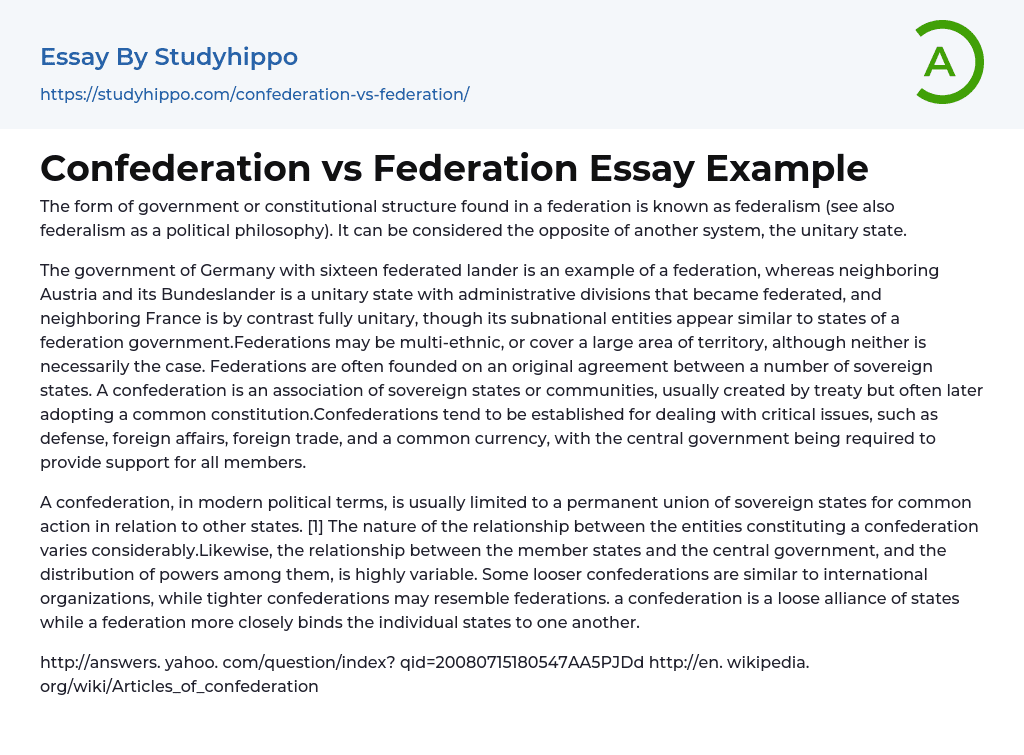 Confederation vs Federation Essay Example