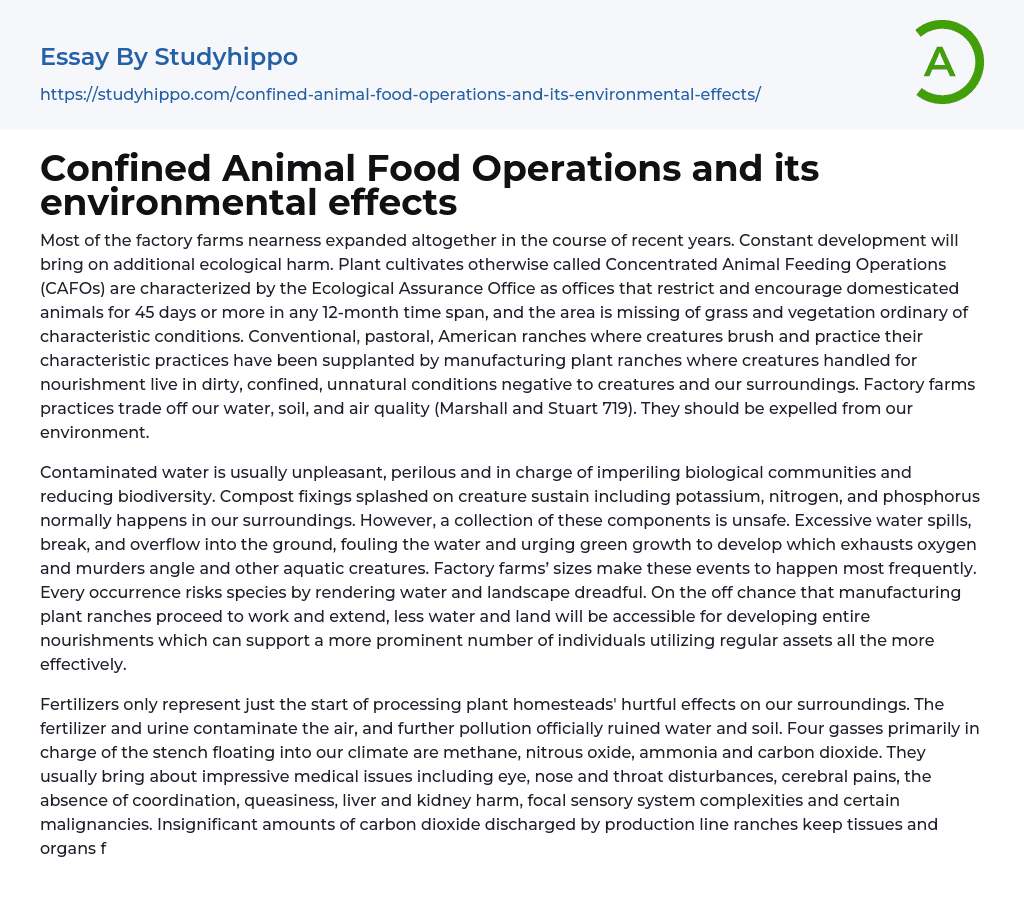 Confined Animal Food Operations and its environmental effects Essay Example