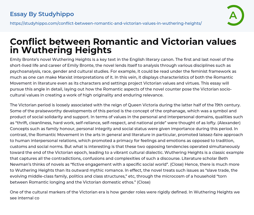 Conflict between Romantic and Victorian values in Wuthering Heights Essay Example