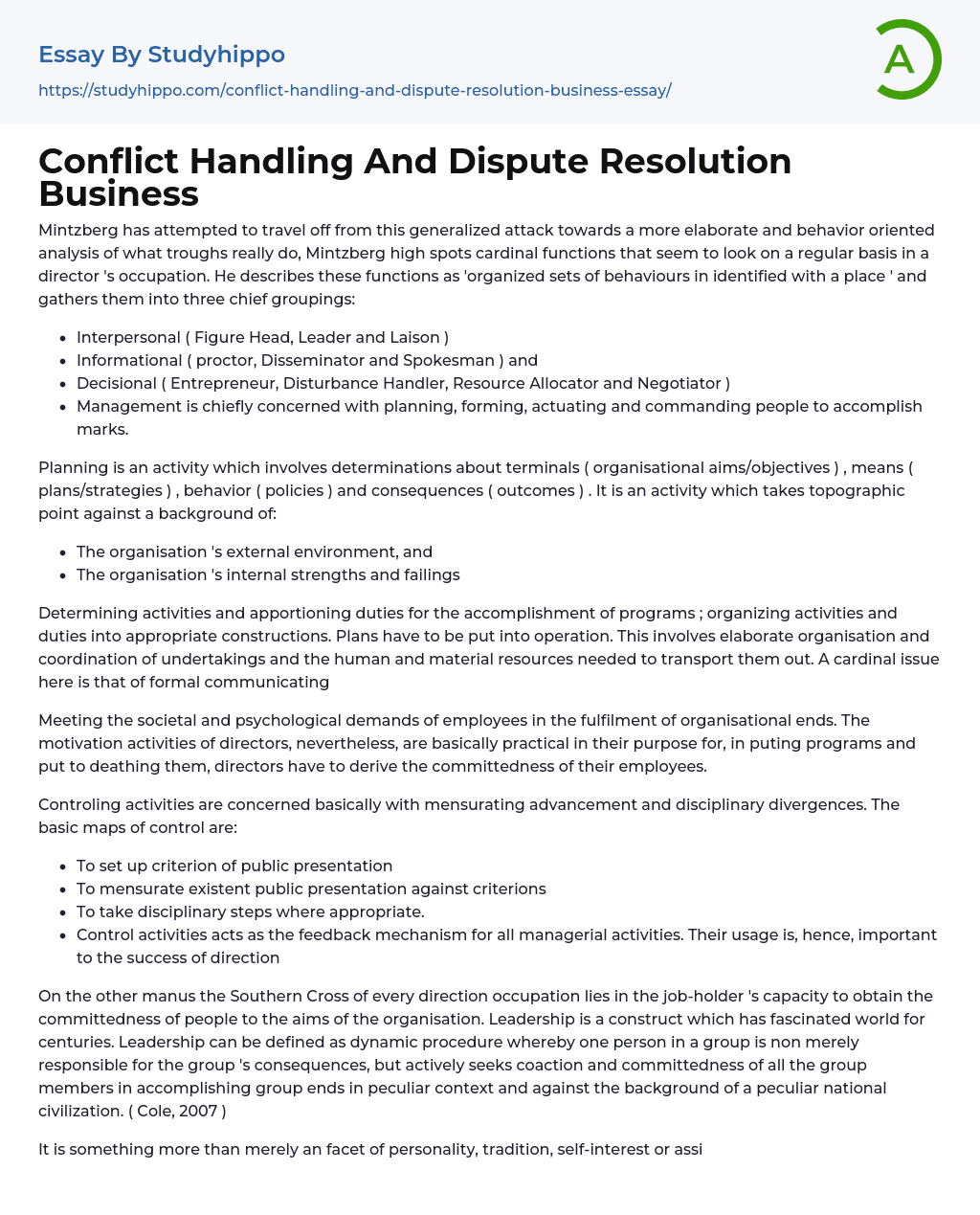 Conflict Handling And Dispute Resolution Business Essay Example