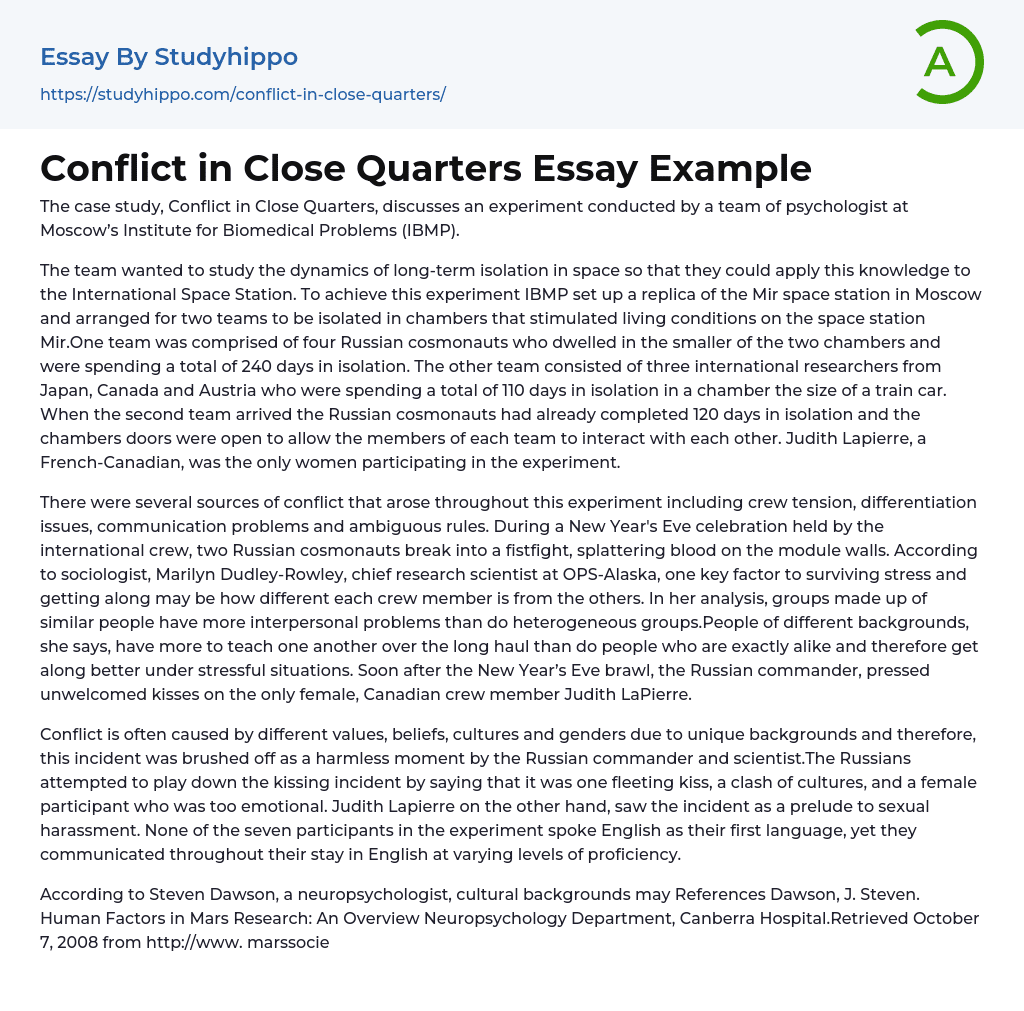 Conflict in Close Quarters Essay Example