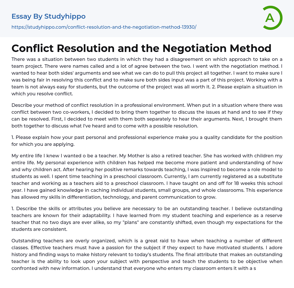 Conflict Resolution and the Negotiation Method Essay Example