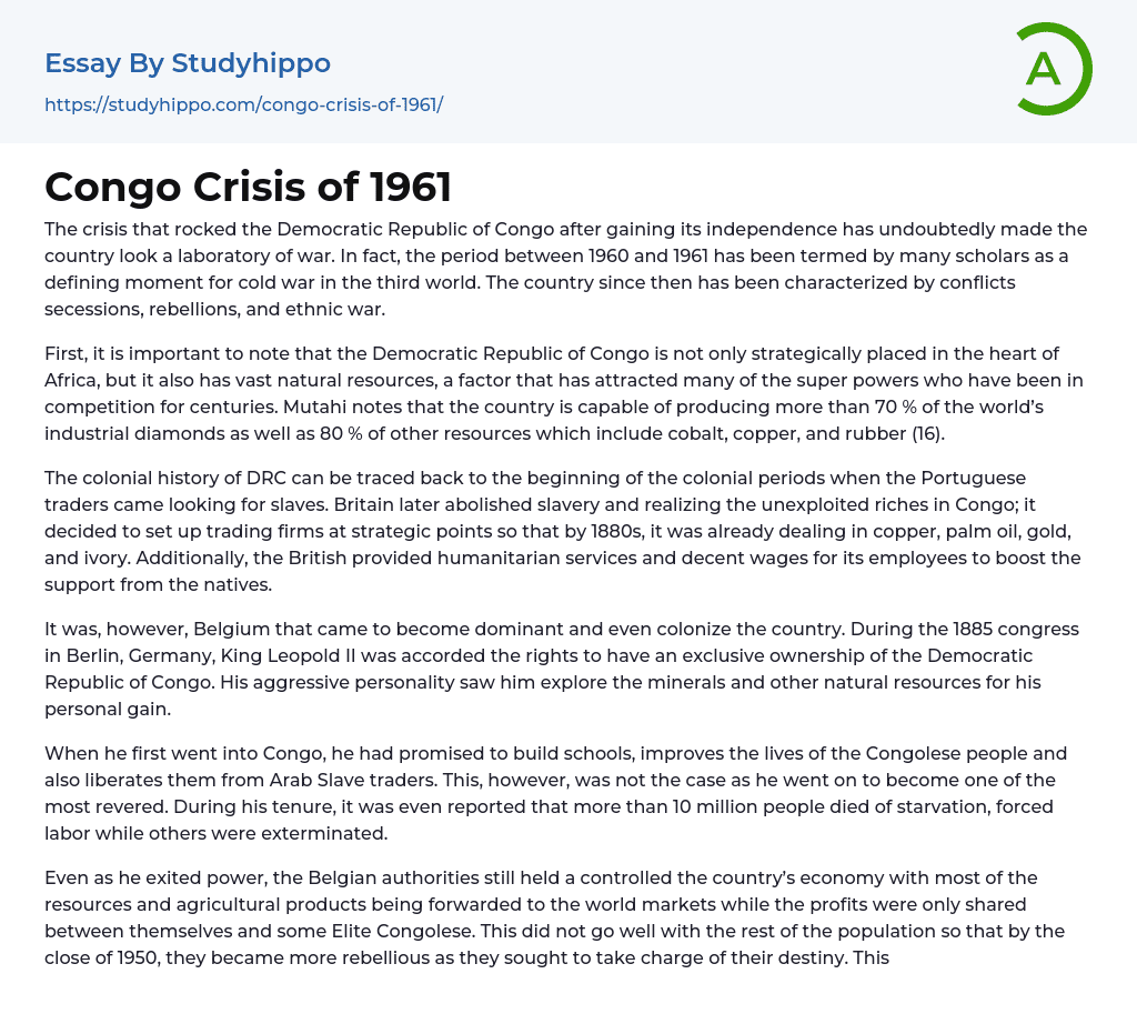 Congo Crisis of 1961 Essay Example