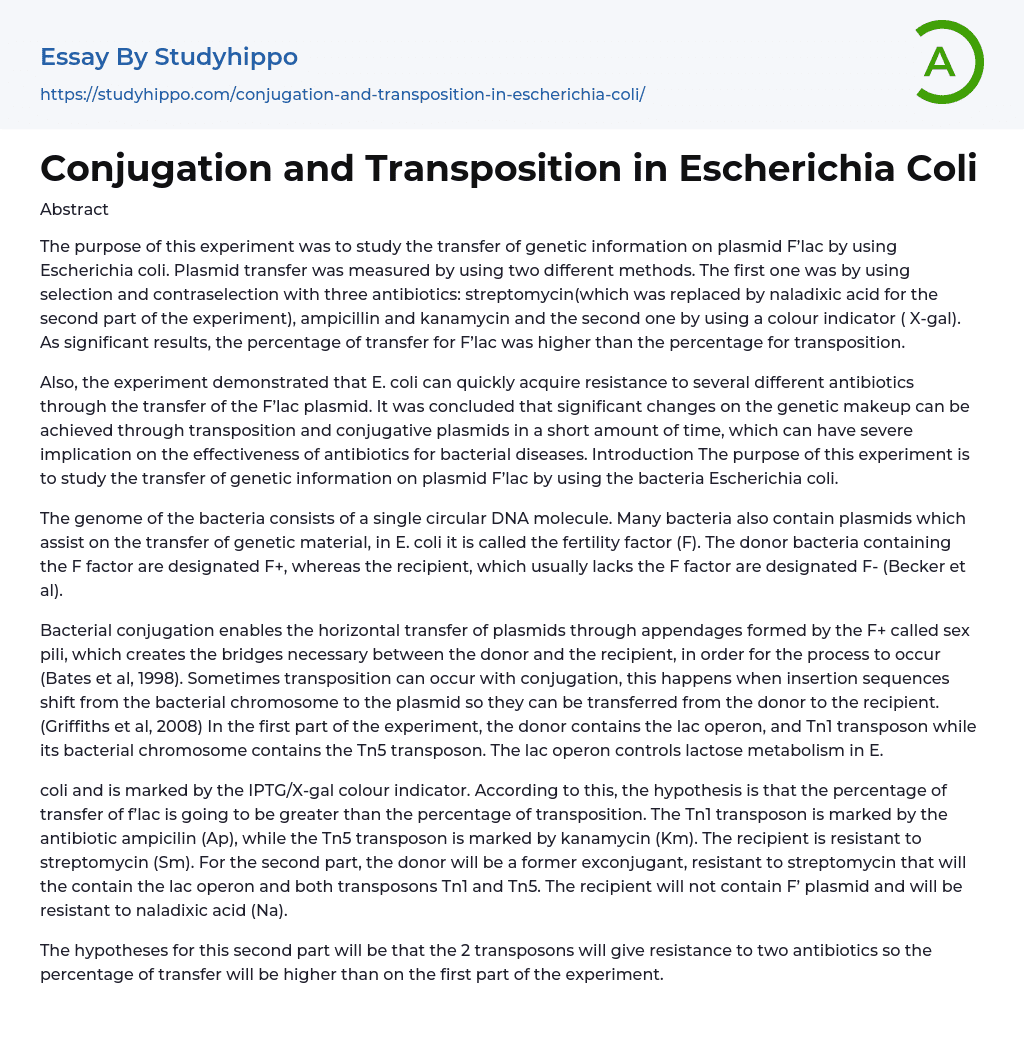 Conjugation and Transposition in Escherichia Coli Essay Example