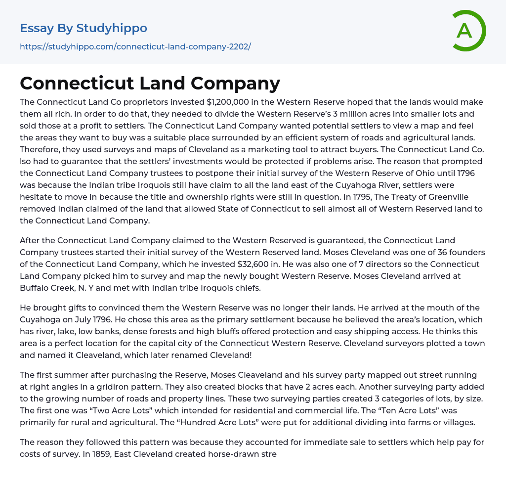 Connecticut Land Company Essay Example