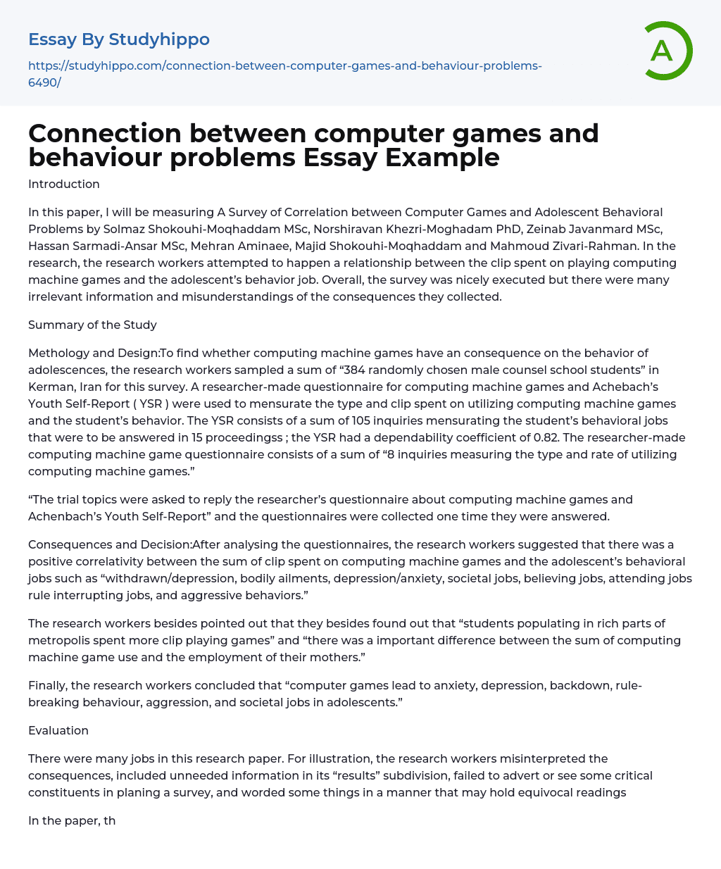 Connection between computer games and behaviour problems Essay Example