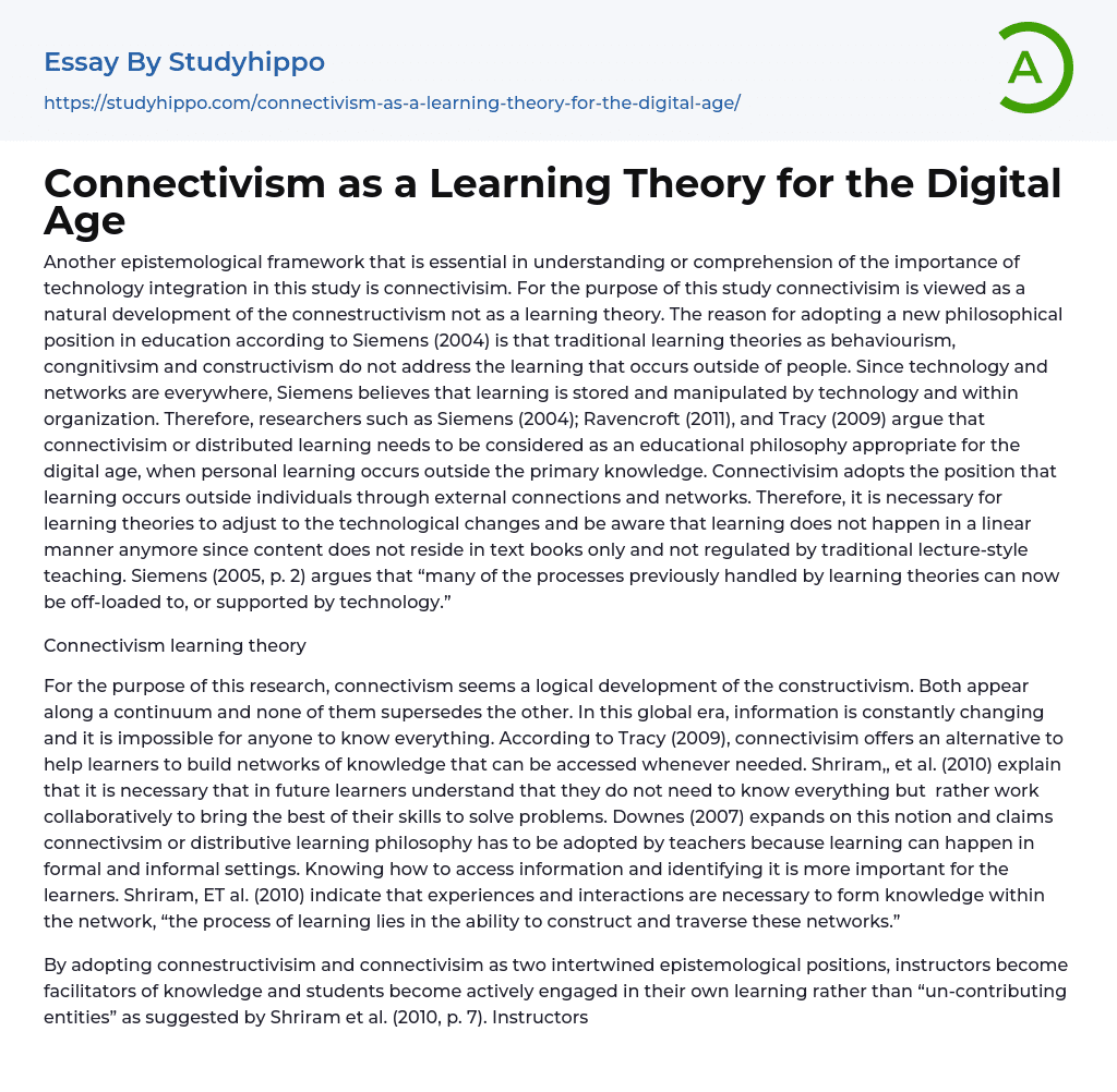 Connectivism as a Learning Theory for the Digital Age Essay Example