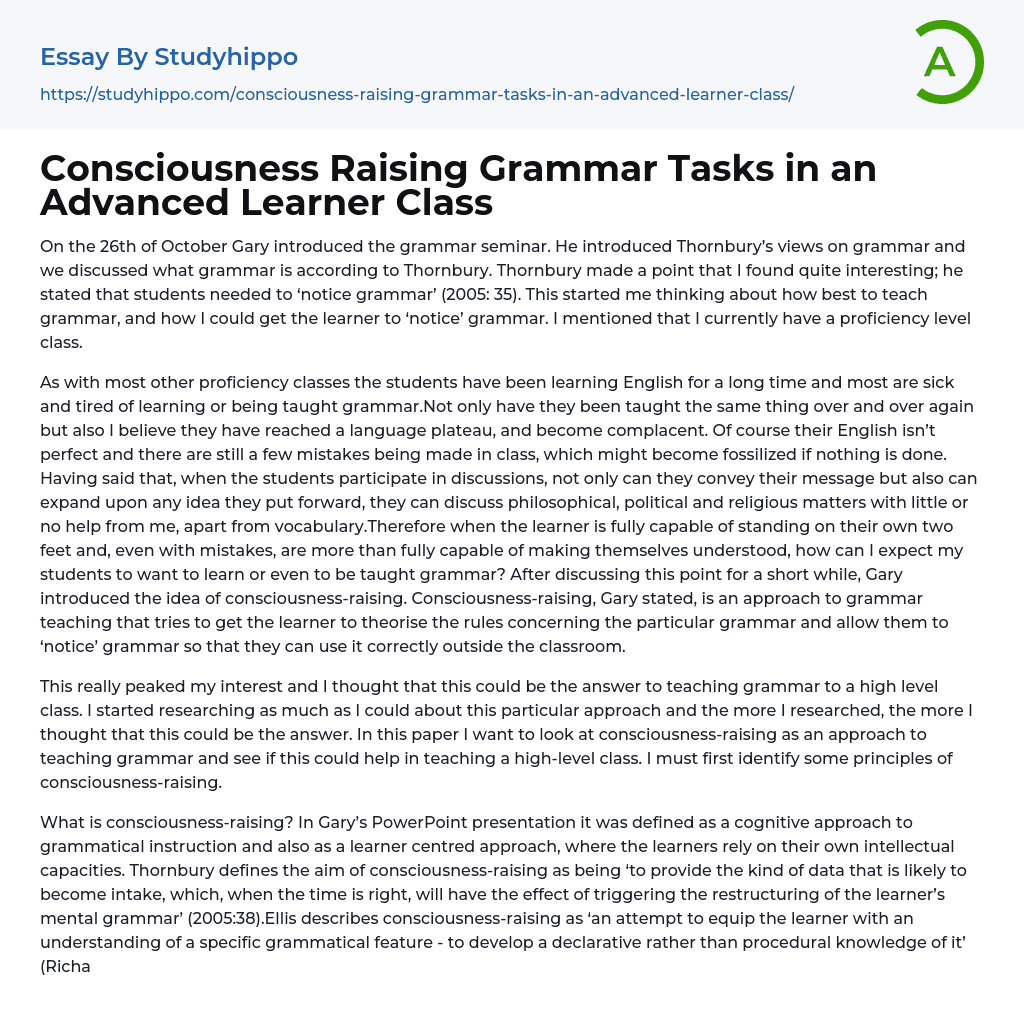 Consciousness Raising Grammar Tasks In An Advanced Learner Class Essay 