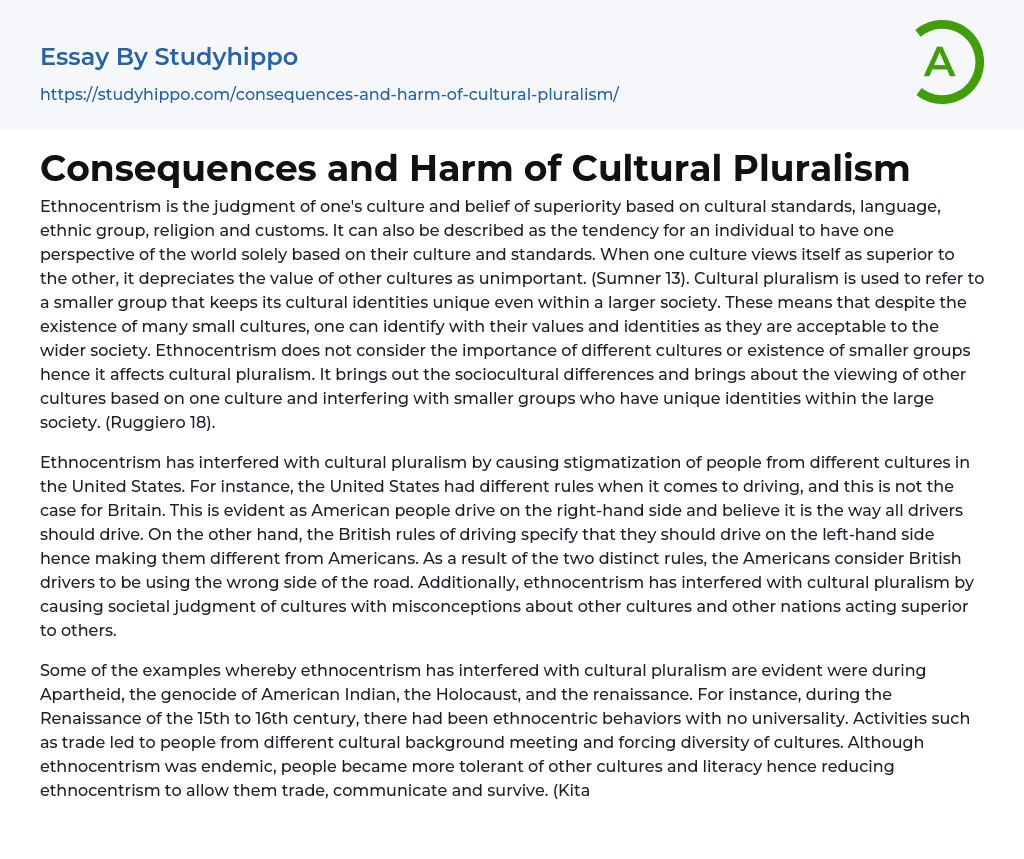 Consequences and Harm of Cultural Pluralism Essay Example
