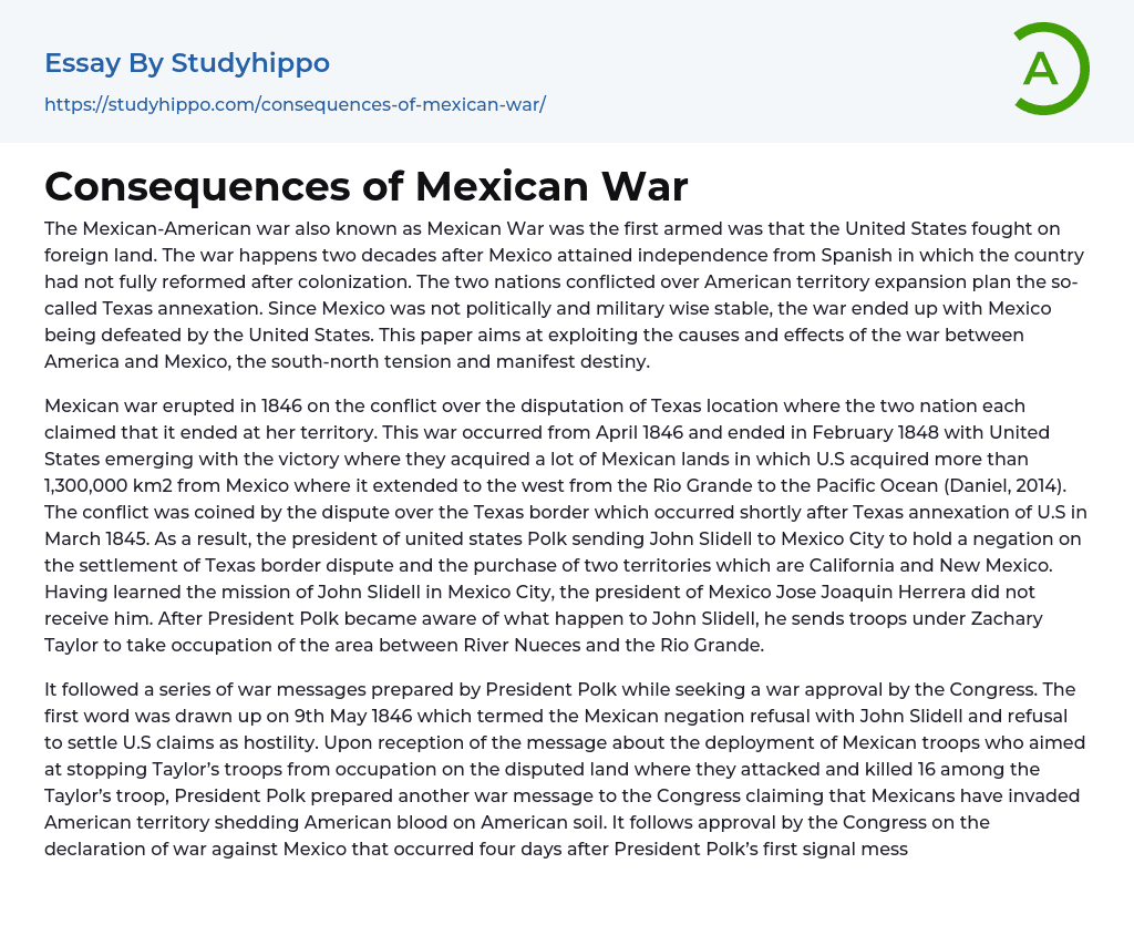 Consequences of Mexican War Essay Example