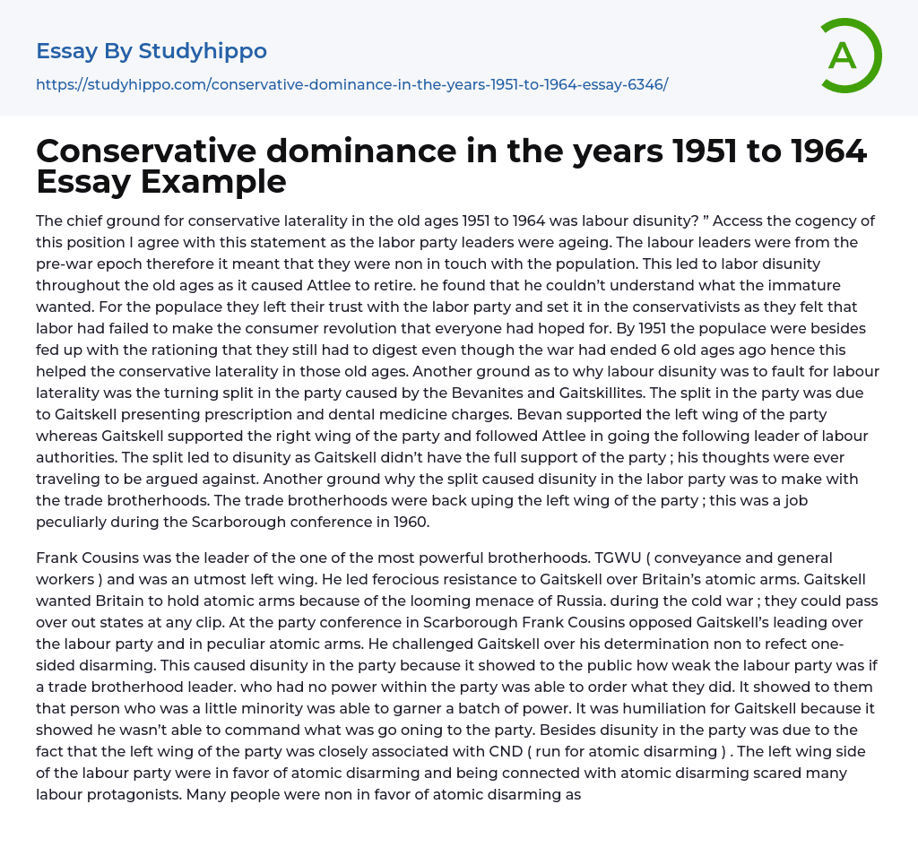 Conservative dominance in the years 1951 to 1964 Essay Example
