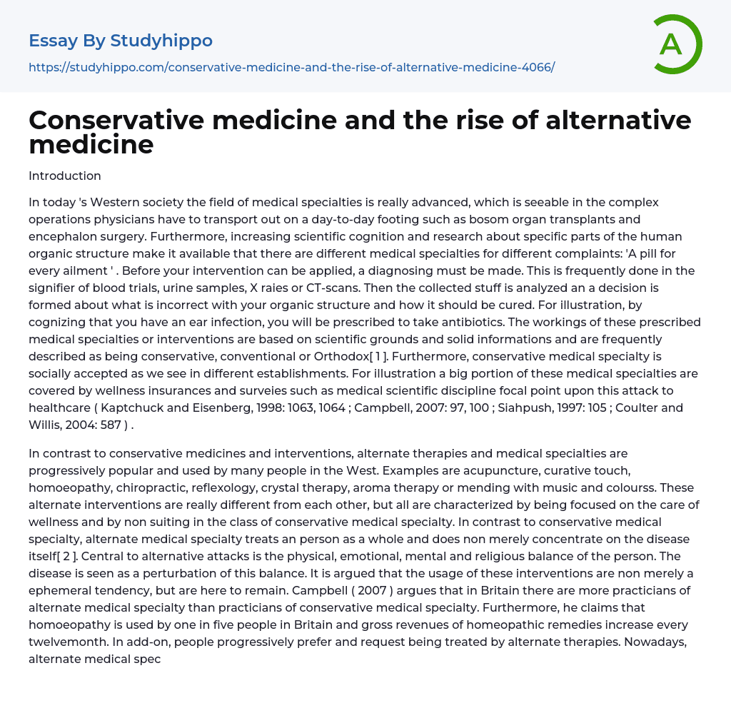 Conservative medicine and the rise of alternative medicine Essay Example