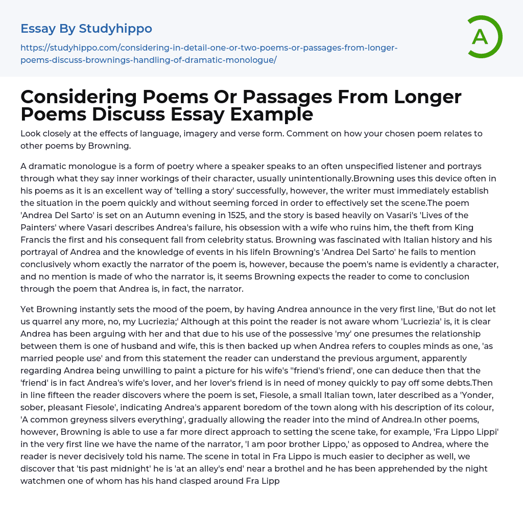 Considering Poems Or Passages From Longer Poems Discuss Essay Example