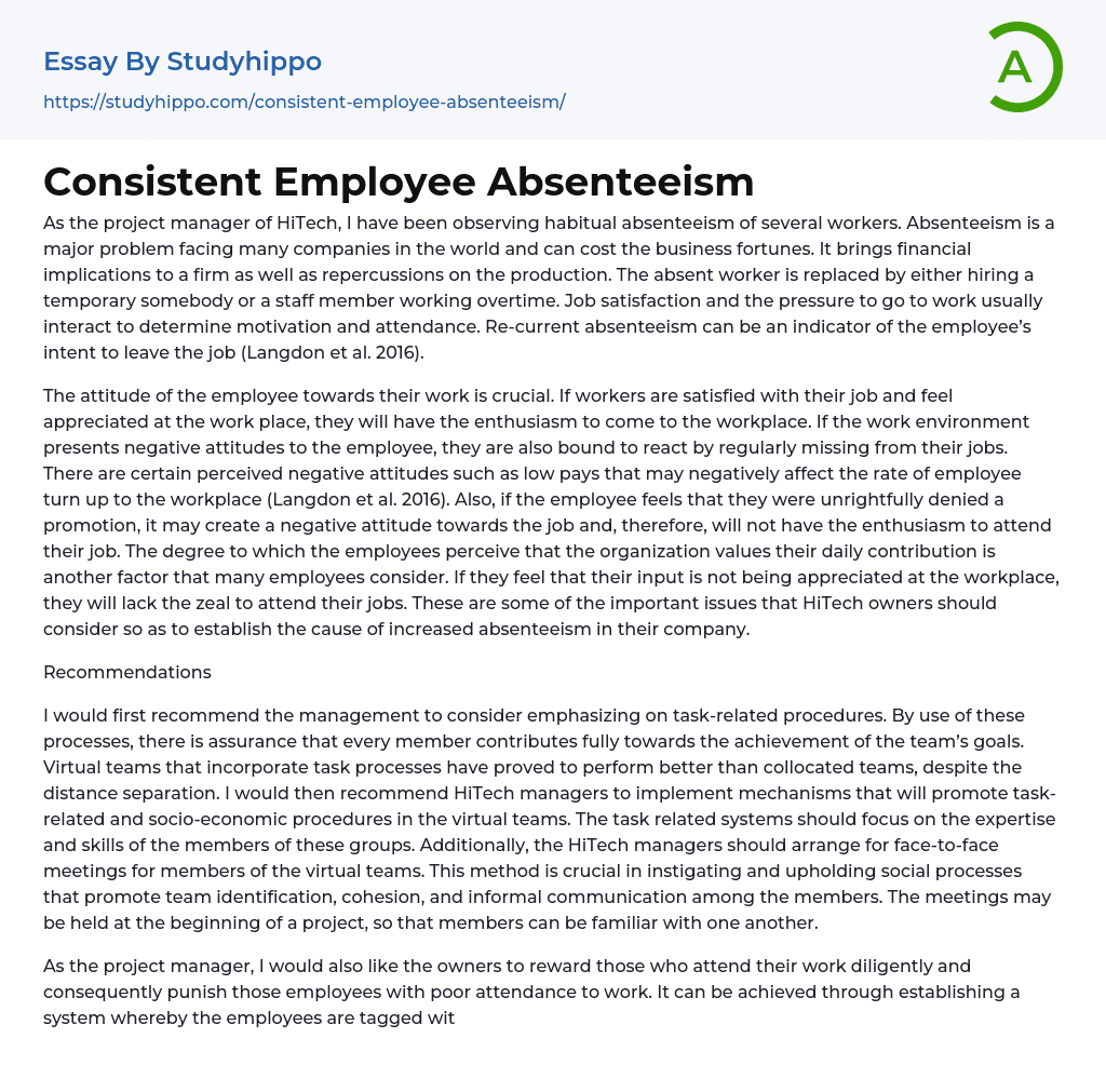 Consistent Employee Absenteeism Essay Example