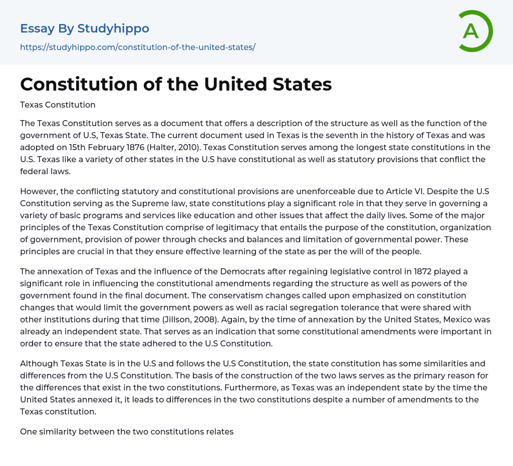 Constitution of the United States Essay Example